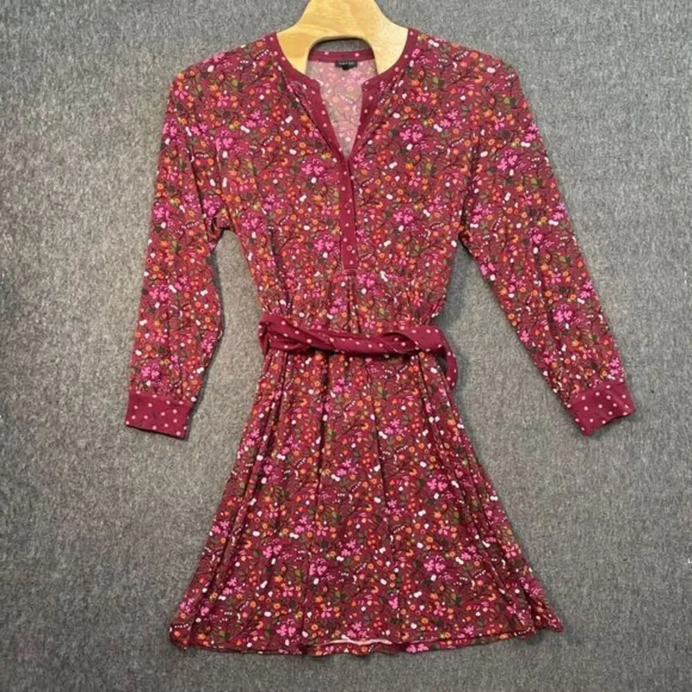 Talbots XL‎ Floral Belted Dress Burgundy Button Stretchy Cottagecore Liquid Knit - Picture 2 of 8